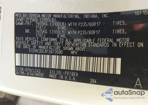 2015 Toyota Sienna Xle Premium 8 Passenger z USA, uszkodzony, nr VIN 5TDYK3DCXFS672690